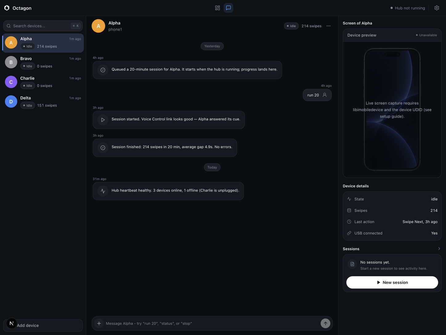 A single phone conversation in the Octagon dashboard: a queued 20-minute session, its start and finish reports, and a hub heartbeat, all on synthetic demo data