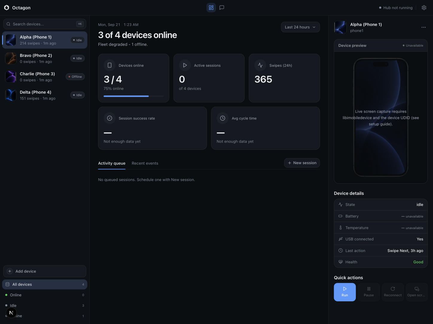 Octagon fleet dashboard with four devices, their status, session stats and activity queue, running on synthetic demo data